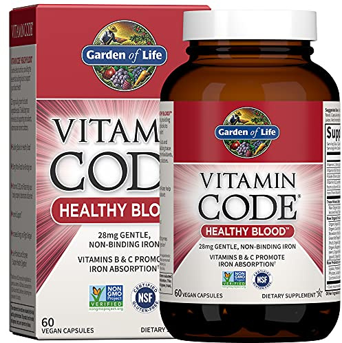 Garden of Life Vitamin Code Healthy Blood - Iron Supplement for Women, 60 Vegan Capsules, with Vitamins B, C, Trace Minerals, Fruit Veggies, Probiotics - for Energy and Anemia Support