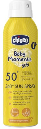Chicco Spray Solare Protezione SPF 50 + Per Bambini, Resistente all'Acqua, Facile Da Applicare Con Sistema di Erogazione a 360°, Protezione Contro UVA, UVB e Infrarossi, Senza Alcol, 0 Mesi +, 150 ml