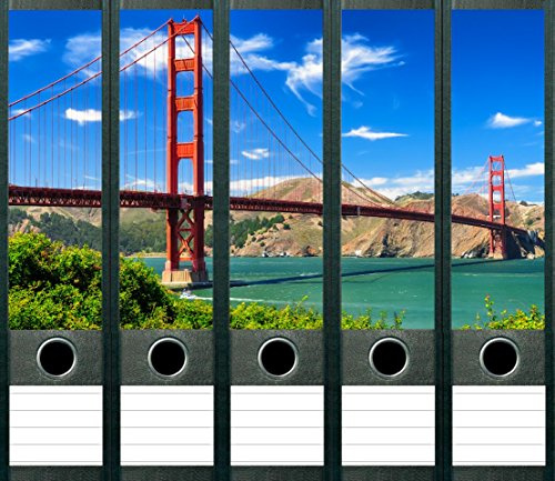 5 Stück Golden Gate Bridge Aufkleber für breite Ordnerrücken Ordneraufkleber Etiketten selbstklebend, Golden Gate Bridge, San Fransisco - Kalifornien