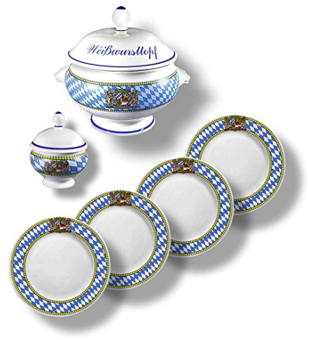 Unbekannt 6-Teiliges Bayerisches Weißwurst-Set mit Rautenrand Bestehend aus Weißwurst-Terrine BZW. Weißwurst-Topf 2,75l, Senf-Topf und 4 Weißwurst-Tellern 19cm