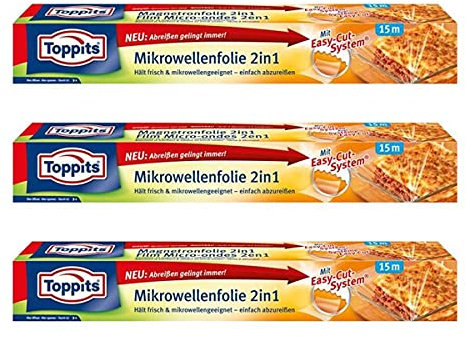 Toppits Mikrowellen- Frischhalte-Folie 2in1 Easy-Cut 15m x 32,5cm (3er Pack)
