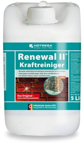 HOTREGA Renewal II Kraftreiniger 5L | Zement- & Rostlöser Konzentrat | Säurehaltiger Intensivreiniger für Fliesen & Naturstein | Entfernt Kalk sowie Mörtelreste | Hohe 1:100 Ergiebigkeit