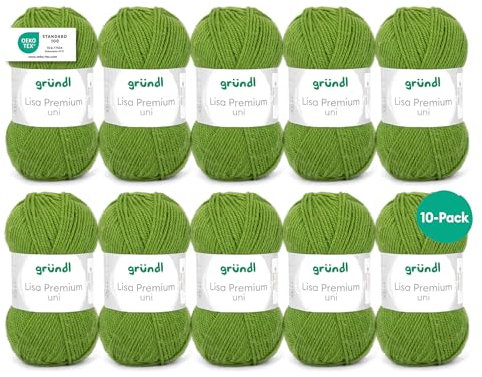 Gründl Wolle Lisa Premium uni - 10 x 50 g - Wolle zum Häkeln - Wolle zum Stricken - 100 % Polyacryl- Weich & Pflegeleicht- Nadelstärke 3,5-4,5 - Maigrün