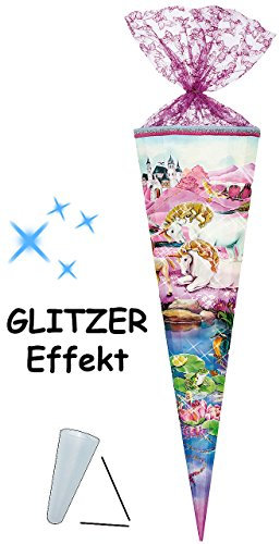 mit 3-D Glitzer ! - Schultüte - Einhörner/Einhorn - 85 cm - 12 eckig - mit Organzaabschluß - mit/ohne Kunststoff Spitze - Zuckertüte - Nestler - Pferde Ei..