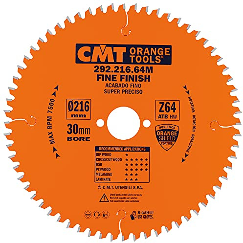 CMT Orange Tools Kreissägeblatt Feinschnitt HW 216 x 2,8 / 1,8 x 30 Z=64 15° ATB - 292.216.64M - für Querschnitte
