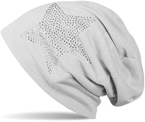 styleBREAKER Damen Beanie Strass Stern Baumwollmix 59cm | Slouch Design. Glitzer Applikation. Bundweite 26cm. Höhe 26cm. elastisch. weiche Haptik. Einheitsgröße.