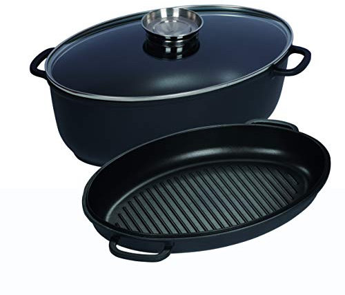 Kelomat, 3426-336, Bräter MAGNUM, 3-tlg., mit Sichttglasdeckel und Bräterdeckel, Maße 38 x 24 x 13 cm, Inhalt 8 Liter, Antihaftbeschichtung, Alu-Guss, induktionsgeeignet