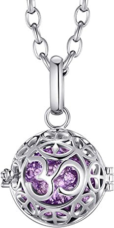 Morella collarde Acero Inoxidable 70 cm con Colgante Mantra Om y Bola de resonancia de Color Lila Ø 16 mm para Damas en Bolsa para Joyas