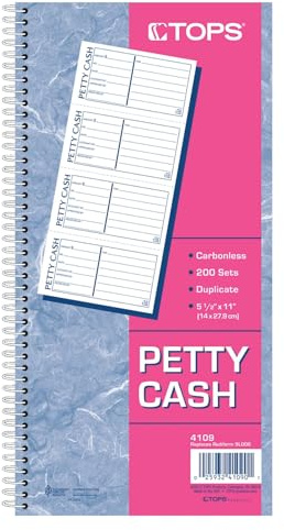 TOPS Spiral Petty Cash Receipt Book, 2-Part, Carbonless, 4 Messages per Page, 200 Sets per Book (4109)