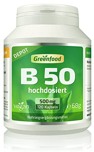Vitamin B Komplex, hochdosiert, 500mg - 120 Kapseln, vegan. Wochenration - Vitamin B1, B2, B3, B5, B6, B7, B9, B12 – hohe Bioverfügbarkeit. OHNE künstliche Zusätze - laborgeprüft. Von Greenfood.