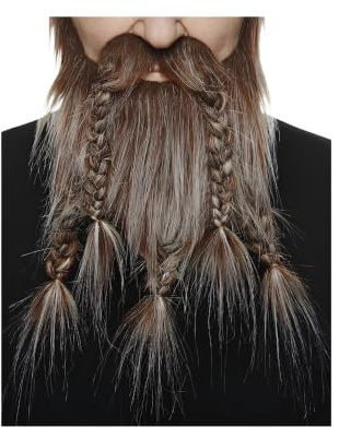 Mustaches Selbstklebender Viking Dward Falscher Bart, Neuheit, Falsche Gesichtsbehaarung, Kostümzubehör für Erwachsene, Braun mit Grau Farbe
