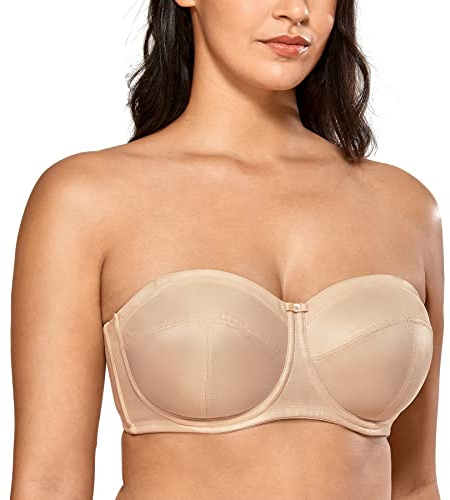 Delimira Women's Strapless Bras Underwire Non Padded Support Multiway Bandeau Bra for Bigger Bust Beige 42F