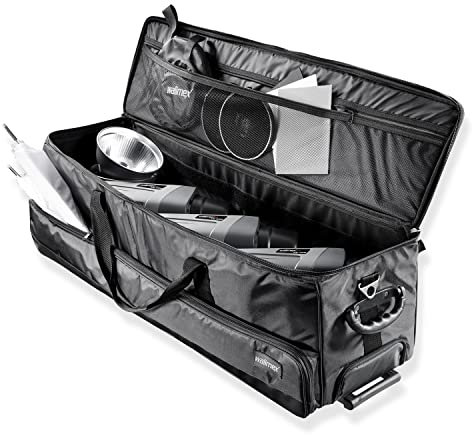 Walimex Pro Studio-Trolley XL – schwarz – 1027 x 379 x 324 mm – inkl. ausziehbaren Trolleygriffs, gepolsterten Schultergurts, variabler Inneneinteilung, Hartgummiräder – Stativtasche, Kameratasche