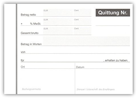 5 x Formularbuch Quittungsblock DIN A6 mit 2 x 40 Blatt, schwarz, selbstdurchschreibend 2-Fach (1 Original + 1 Durchschlag) (5 Stück) Quittungsblöcke, Quittung inklusive Mehrwertsteuer Betrag netto + MwSt Gesamt brutto