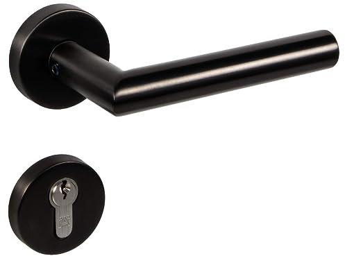 Gedotec Set leve ferramenta per porta in acciaio inox nero opaco maniglia porta camera su rosetta tonda - CHAPO | PZ - Cilindro | Maniglia della porta Antico Vintage | 1 Set