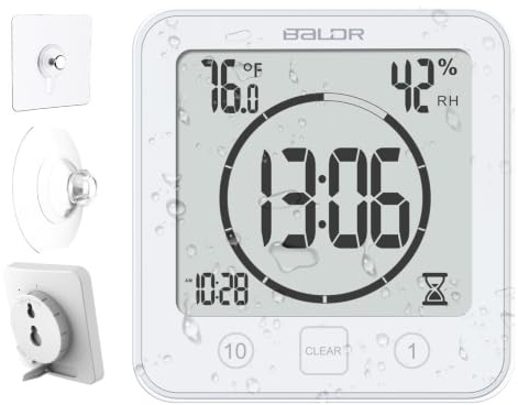 Baldr Shower Clock Waterproof Bathroom Clock with Timer/Temperature/Humidity, Digital Timers for Kids and Adults, Bath Kitchen Study, White