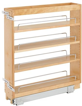 Rev-A-Shelf 5 Wood Pullout Kitchen Cabinet Organizer for 5.5 W Opening - Spice Caddy & Seasoning Rack Sliding Storage with Adjustable Shelves for Pantry Organization, 448-BC-5C