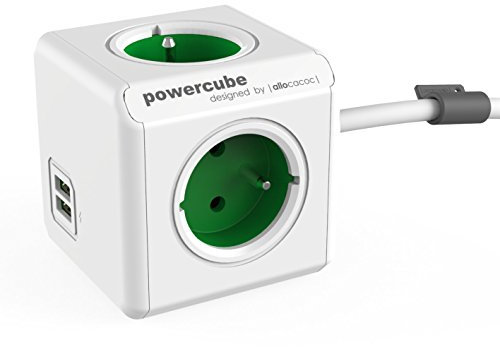 Allocacoc 2402GN/FREUPC, Power Cube Extended Duo USB FR Verde, e Presa Multipla 4 X USB 2,1 a Corrente di Carica, Bianco Verde