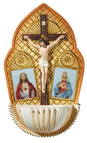Religious Gifts - The Sacred Hearts with Crucifix Resin Holy Water Font, 7 1/2 Inch