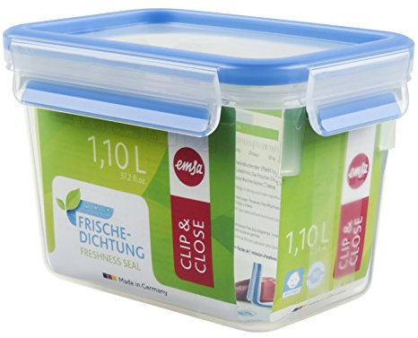 EMSA Clip & Close Frischhaltedose, rechteckig, 1,1 L, mit Deckel, Aufbewahrungsbox, 100 Prozent dicht, spülmaschinen-, gefrier-, mikrowellenfest, Transparent, Blau, Made in Germany, 508541