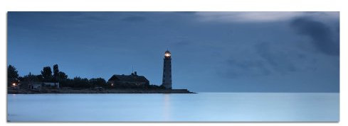 Paul Sinus Art Panoramabild auf Leinwand und Keilrahmen 150x50cm Meer Leuchtturm Nacht Nebel Steine Felsen