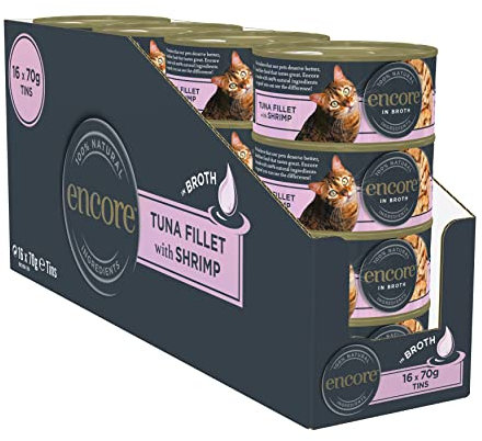 Encore 100% Natural Wet Cat Food, Tuna with Shrimp in 70 g Tins (Pack of 16)