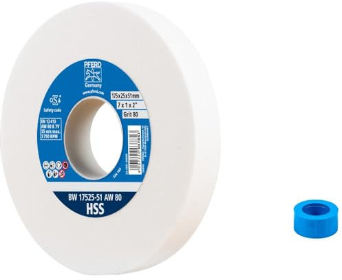 PFERD Schleifbockscheibe HSS, 175x25x51mm, A80, 39009701 – Mittelharte Schleifscheibe zum Schärfen von HSS-Bohrern, mit Reduzierhülse (32mm)