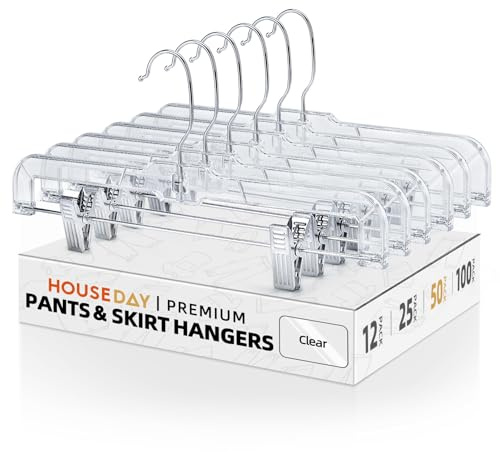 HOUSE DAY 50 Pack Skirt Hangers Pant Hangers with Clips, Clear Plastic Hangers for Pants, Skirts, Shorts, Versatile Use Clip Hanger, Retail Hanger