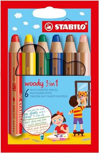 STABILO - Buntstift, Wasserfarbe & Wachsmalkreide - woody 3 in 1-6er Pack - mit 6 verschiedenen Farben