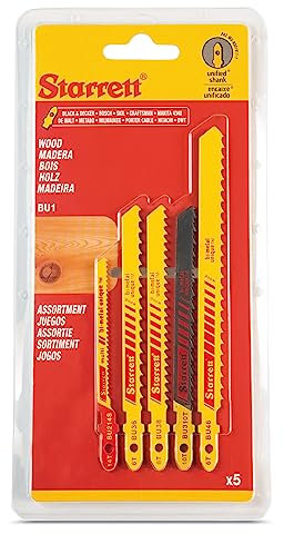 Starrett Assorted Wood Cutting Jigsaw Blade Set - 5-Pieces - Assorted Lengths & TPI - Unified Shank Bi-Metal Saw Blades - BU1