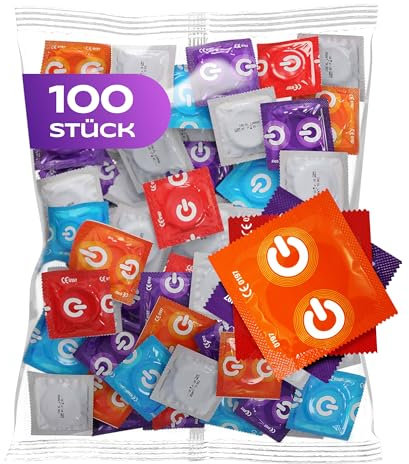 ON) Mix de Condones | 100 unidades | Condones Premium 7 tipos y tamaños con 54 mm de ancho | 20x extra delgados, naturales y texturizados | 10x extra fuertes, con aroma a fresa, plátano, chocolate