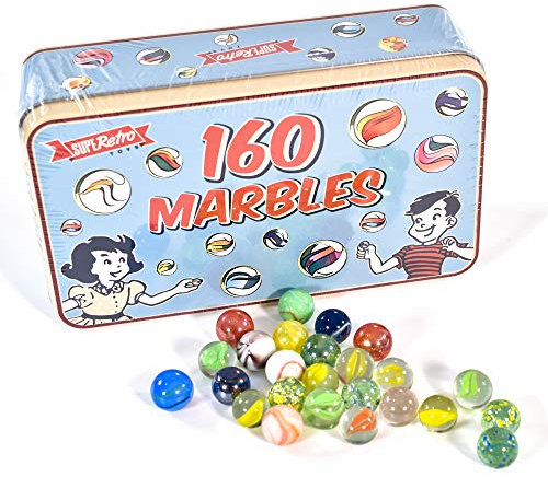 KandyToys SupeRetro 160 Piece Classic Glass Marbles in a Vintage Storage Display Tin | Novelty Kids Toys | Marbles For Kids