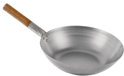 Vogue Mild Steel Wok Flat Base 356 mm, Stay Cool Wooden Handle, Easy to Season, Asian Style Cooking, Stir Fry Noodle Cooking, Commercial or Home Kitchen Use, K297 | Easy to season for natural non-stick performance; delivers even heat distribution for professional Asian style stir-frying.