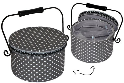 alles-meine.de GmbH 2 TLG. Nähkorb groß rund mit Metallgriff - Punkte weiß grau - Stoff Nähkasten Nähkästchen bunt Handarbeitskorb