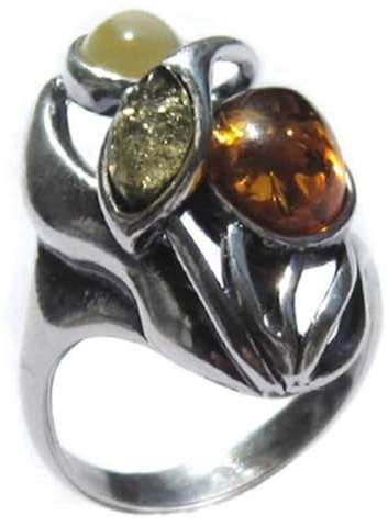 Multicolor Amber and Sterling Silver Designer Ring, Size 6