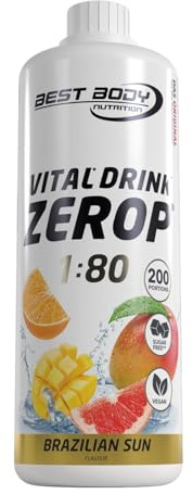 Best Body Nutrition Zerop Getränkekonzentrat Brazilian Sun, 1 l | Zuckerfrei, ohne Aspartam, kalorienarm, mit Vitamin B1, B6 und Niacin, Mischverhältnis 1:80, Geschmack Brazilian Sun