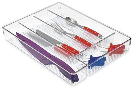 iDesign Linus Portaposate da Cassetto, Grande Portaposate in Plastica con 5 Scomparti, Trasparente