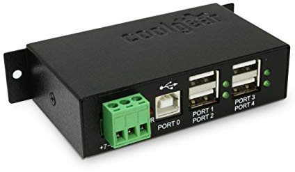 Coolgear Industrial 4-Port Powered USB 2.0 Hub with Port Status LEDs, Metal Housing, 7-24 VDC Input, Wall and DIN-Rail Mountable, PC & Mac Compatible
