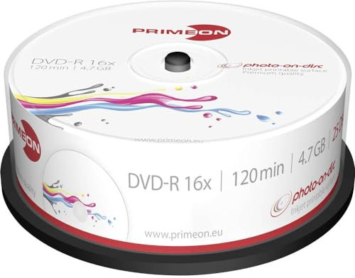 MediaCom IT-Distribution GmbH Primeon 4,7 GB DVD-R / 120 Min / 16X Cakebox (25 Discos) Superficie Foto-On-Disco, De Tamaño Completo Imprimible por Chorro De Tinta