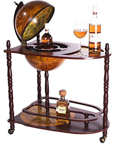 Birendy Riesiger Barwagen 33035 mit massiven Eukalyptusholz Säulen und einem Serviertisch, 100 cm hoch (geöffnet) und 77 cm breit, antike Globusbar, Bartisch, Hausbar, Barwagen, Cocktailbar, Dekobar