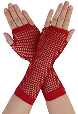 sourcing map Damen Fingerlose Mesh 1980er Kostümparty Kostümzubehör Netzhandschuhe 2 Paar rot Long-2 Pairs