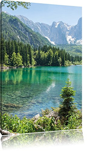 Pixxprint Wunderschöner Bergsee mit Wald, Größe: 80x60cm, Leinwandbild, fertig gespannt, Wandbild, Dekoration, Kunstdruck, kein Poster