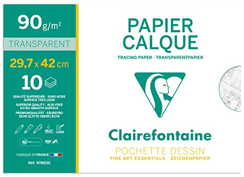 Clairefontaine 97883C -Pochette per Disegno scolastico - 10 Fogli Carta da lucido altamente trasparente - A3 29,7x42 cm 90/95g - Ideale per il Disegno tecnico