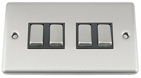 A5 Light Switch - Quad 4 Gang 2 Way - Satin Brushed Chrome - Classic Style Black Insert Metal Rocker Switch