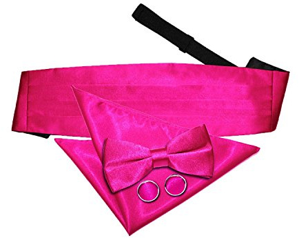 DQT Mens Plain Satin Bow Tie, Cummerbund & Pocket Square Set (3pc) - Pre-Tied Wedding Formal - Hot Pink
