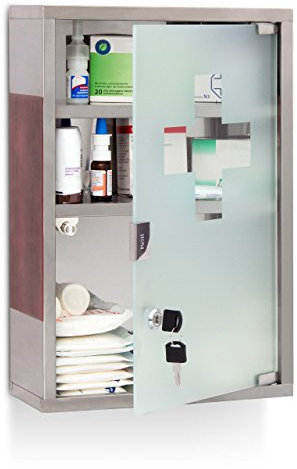 Relaxdays Armadietto Pronto Soccorso, Cassetta Medica, 3 Scomparti, Kit Medicinali, da Muro, 45x30x12 cm, Argentato