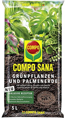 Compo SANA Grünpflanzen- und Palmenerde mit 8 Wochen Dünger für alle Zimmer- und Balkonpflanzen sowie Palmen und Farne, Kultursubstrat, 5 Liter