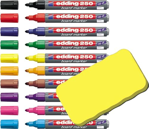 Edding 250 Whiteboard Marker mit Rundspitze, 1,5 - 3mm, geruchsarme Tinte (10 Farben sortiert + gelber Löscher)