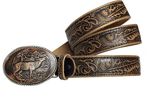 Trachtengürtel Trachten Gürtel für Lederhose Ledergürtel braun Leder geprägt Schnalle echt versilbert Herren Damen Handarbeit Austria Herrengürtel Damengürtel Jagd Hirsch, Größe/Länge:100
