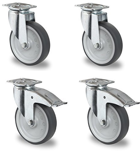 Satz Apparaterolle Lenkrolle mit ohne Bremse 125 mm ohne Feststeller Gummi grau-spurlos Anschraubplatte Möbelrolle Transportrolle